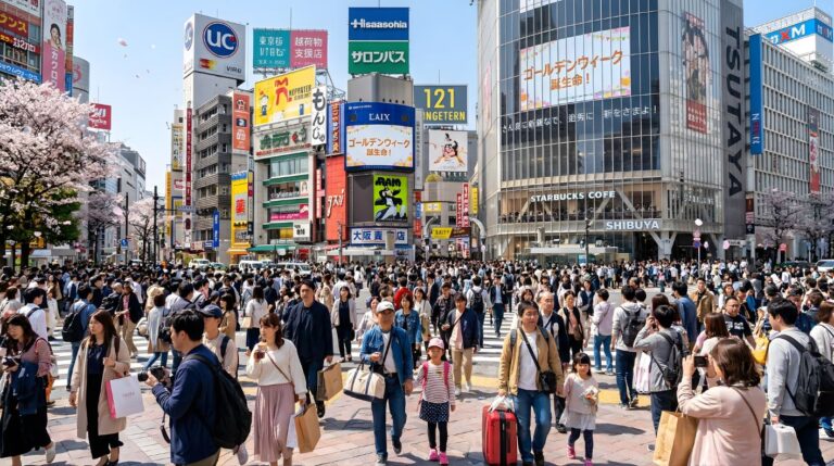 Crowd of people crossing the busy Shibuya intersection, framed by vibrant signs and blooming cherry blossoms.