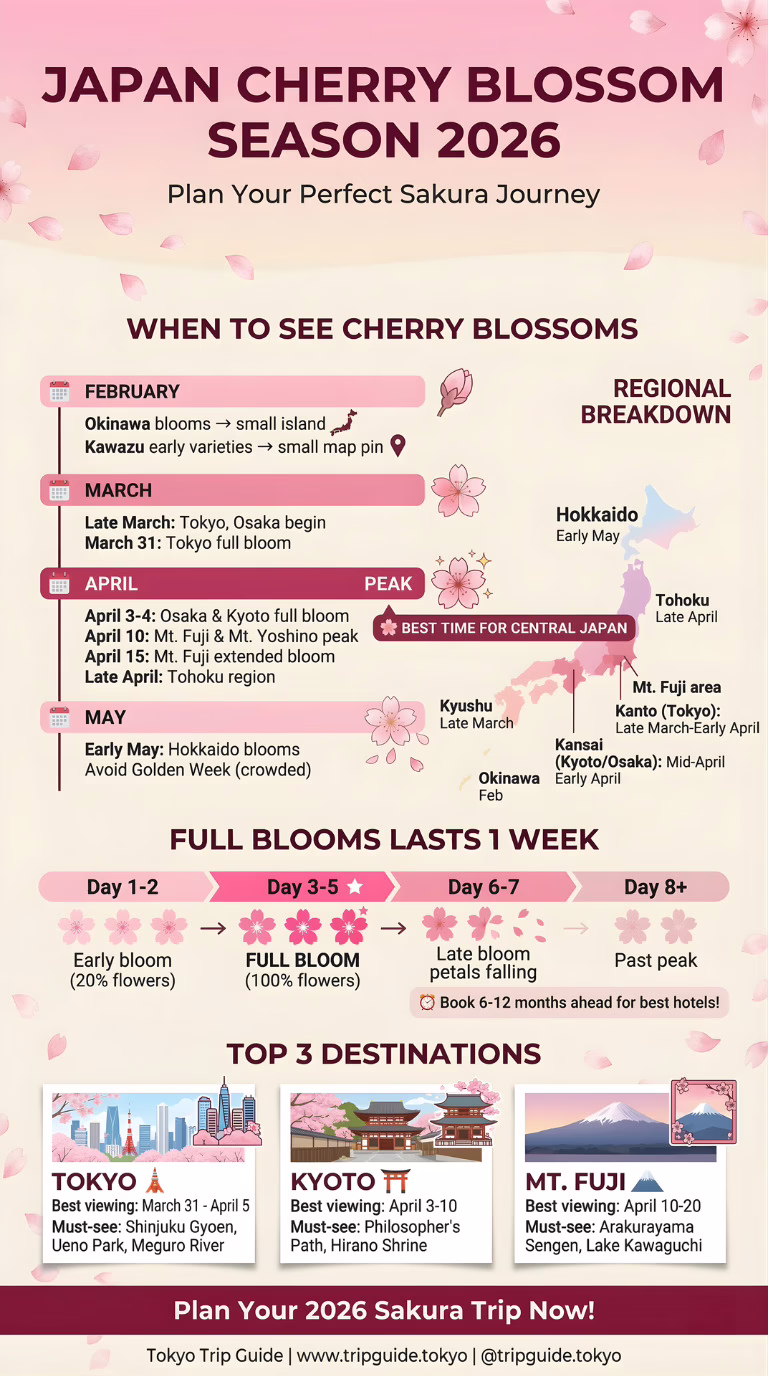 "Guide to Japan's 2026 cherry blossom season, detailing peak bloom times and top viewing locations for travelers."