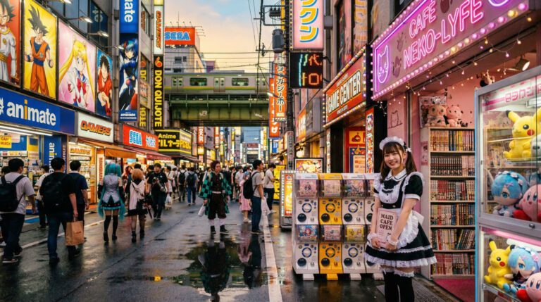 Bustling Akihabara street featuring a maid cafe, anime shops, and vibrant advertisements, capturing Tokyo's unique pop culture.