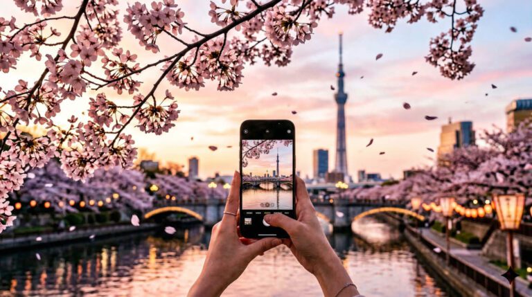 Capturing Tokyo's iconic skyline amidst cherry blossoms at sunset, showcasing the beauty of springtime in Japan.