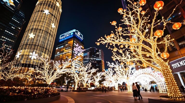 Festive cityscape illuminated with dazzling Christmas lights and glowing trees, creating a magical winter atmosphere.