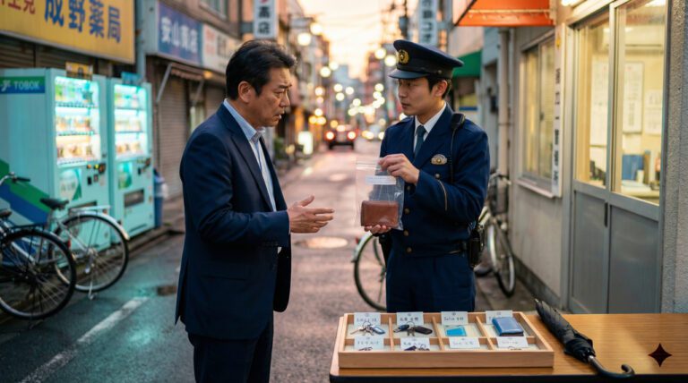 A police officer discusses a recovered wallet with a man in a bustling urban street, highlighting community safety and support.