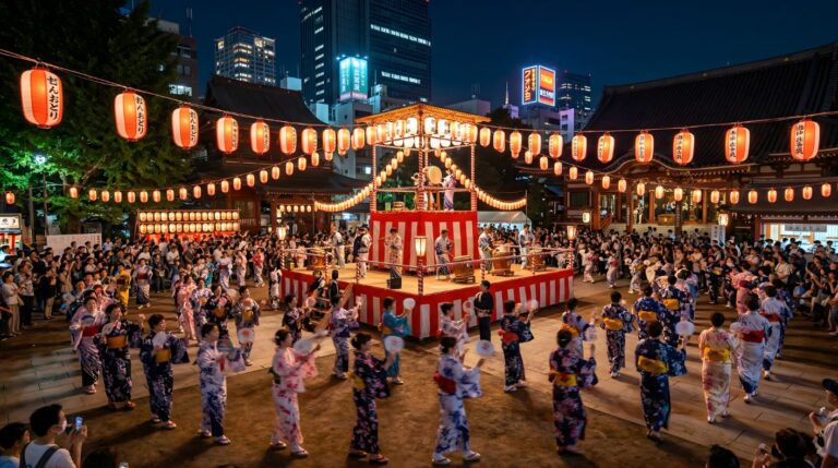 Lively Bon Odori festival Tokyo Obon Festival at night, featuring dancers in traditional yukata under vibrant lanterns, celebrating Japanese culture.