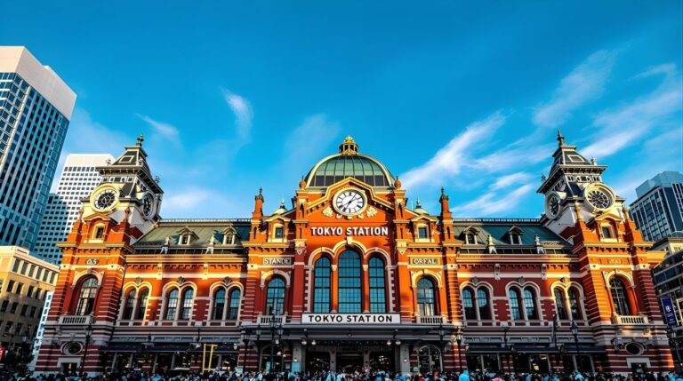 Historic Tokyo Station, a stunning red-brick building, serves as a bustling hub for travelers and a Tokyo landmark.
