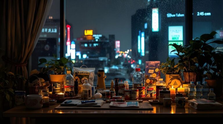 Cozy workspace with candles and various items, framed by a rainy night city view, creating an inviting atmosphere.