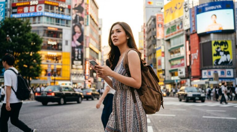 Young woman with a backpack checks her phone in the bustling streets of Shibuya, filled with vibrant advertisements.