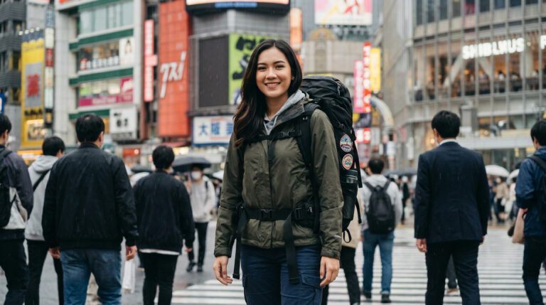 Kannaya Nareswari with a backpack smiles confidently amid a bustling Shibuya crossing, showcasing urban travel and adventure.