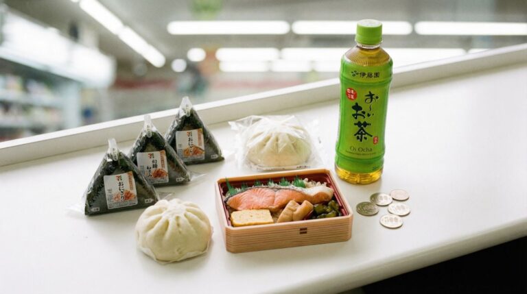 Bento box with salmon, onigiri, steamed buns, and Oi Ocha green tea representing a delicious Japanese convenience meal.