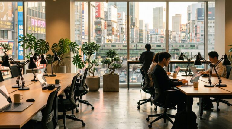 Modern coworking space with professionals working on laptops, vibrant city views, and greenery enhancing productivity.