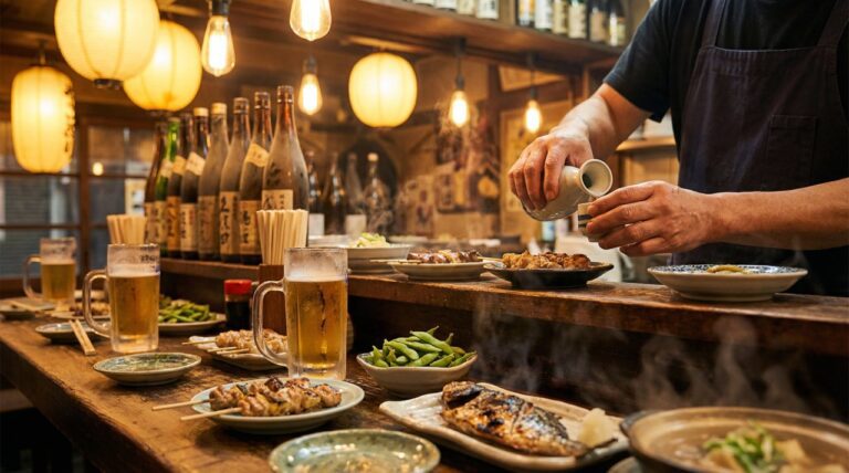 Cozy izakaya atmosphere featuring a chef pouring sake over a vibrant meal with beer and steaming dishes on the counter.