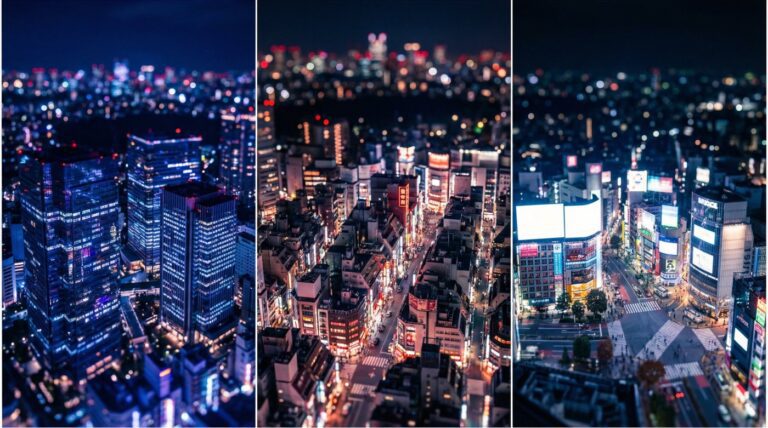 Vibrant night skyline of a bustling cityscape showcasing illuminated skyscrapers and vibrant street life through colorful lights.