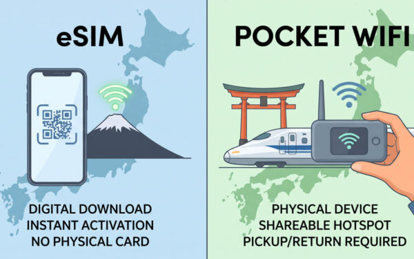 Comparison of eSIM and Pocket WiFi options in Japan, highlighting their features and activation methods.