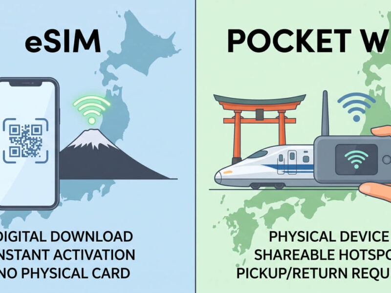 Comparison of eSIM and Pocket WiFi options in Japan, highlighting their features and activation methods.