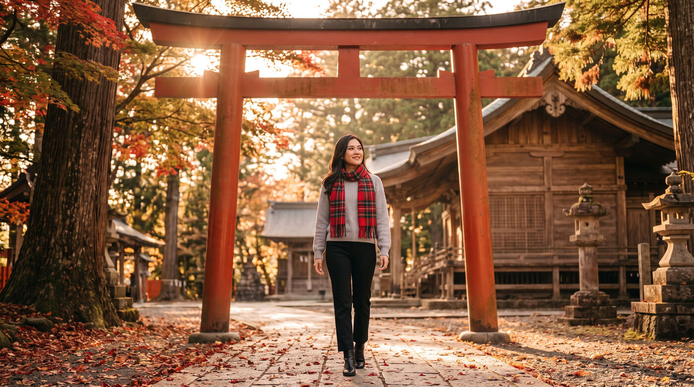Kannaya Nareswari in a grey sweater and plaid scarf walks through a serene shrine area with vibrant fall foliage.