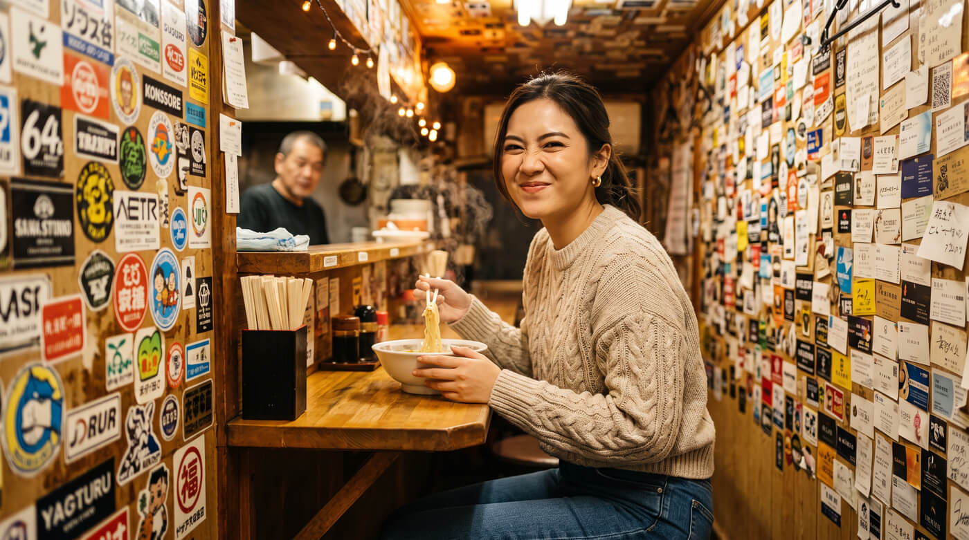 Kannaya Nareswari enjoys a bowl of noodles while sitting at a counter adorned with colorful stickers and business cards.