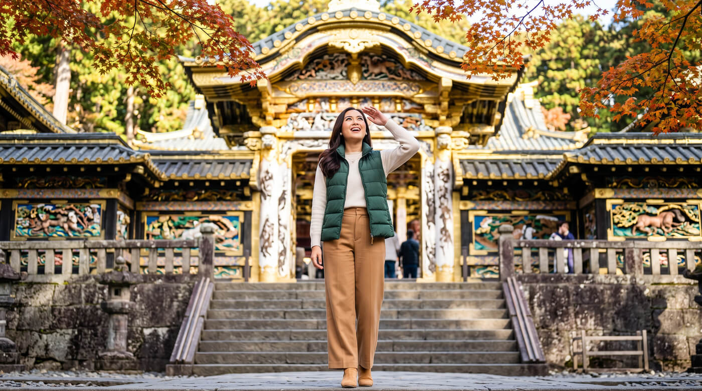 A woman in a green vest and beige pants stands on steps in front of a beautifully decorated temple surrounded by autumn