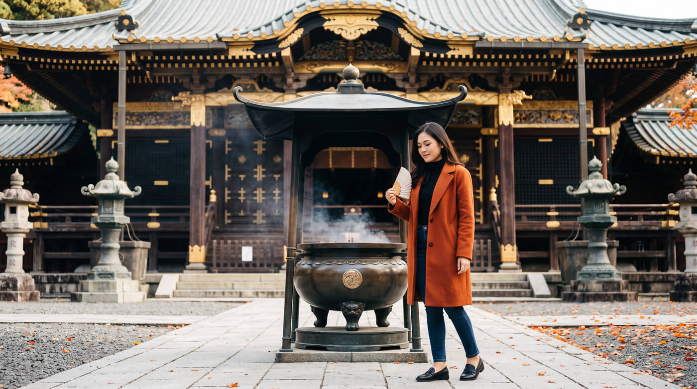 Kannaya Nareswari in an orange coat stands at a traditional Japanese temple, wafting incense smoke from a bronze burner.