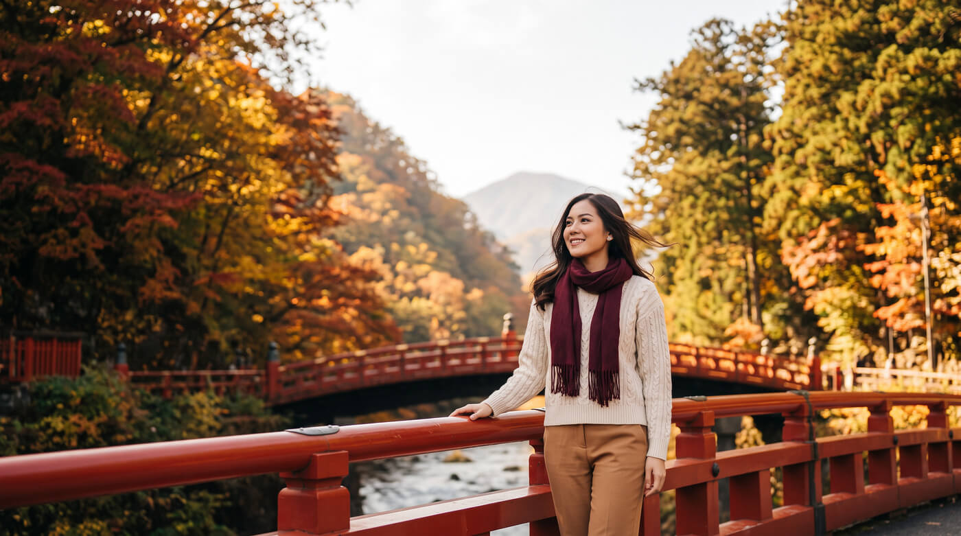 Kannaya Nareswari in a cream sweater and burgundy scarf stands on a red bridge surrounded by autumn foliage, smiling gently.