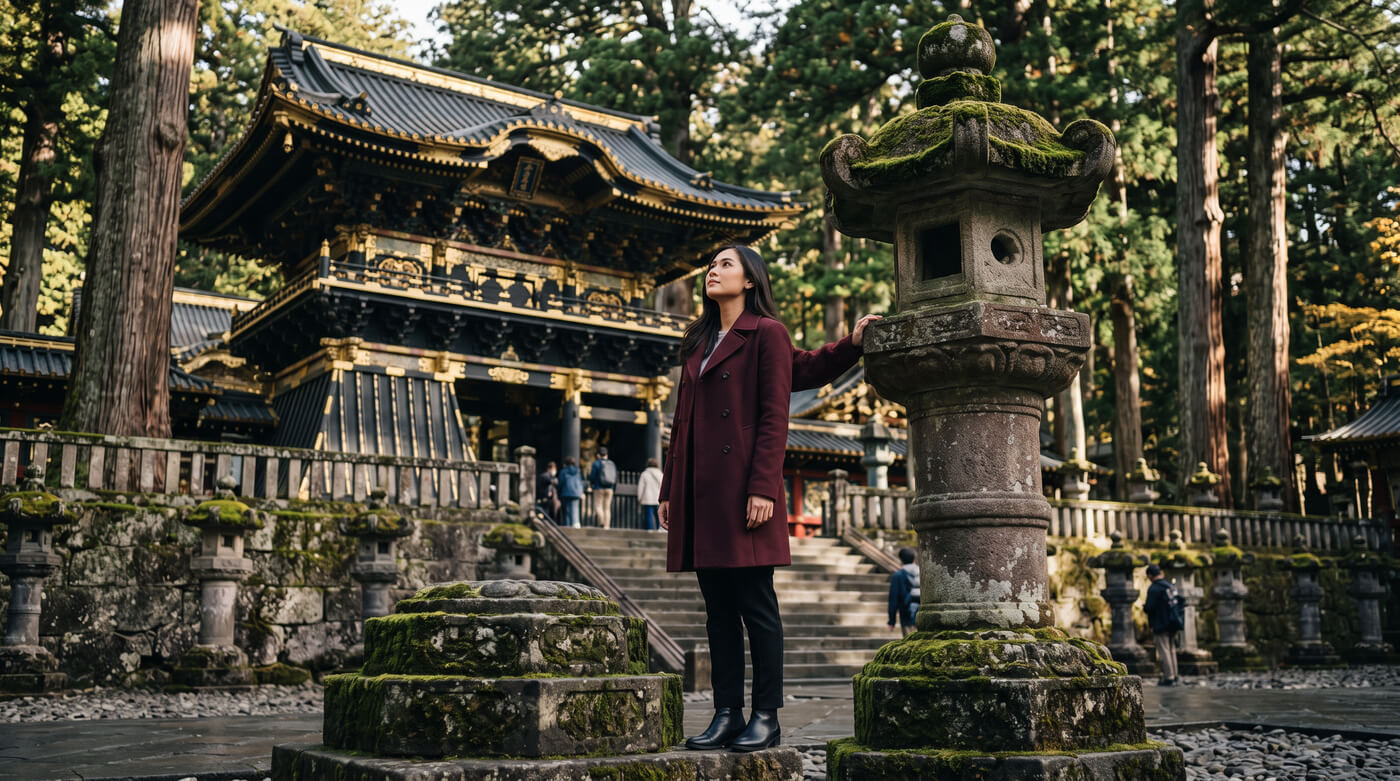 Kannaya Nareswari in a burgundy coat stands near a moss-covered stone lantern, with a traditional Japanese temple surrounded by trees