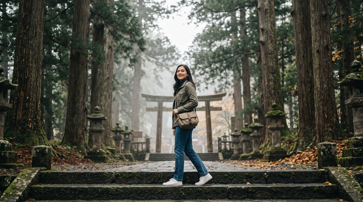 Kannaya Nareswari stands on stone steps in a serene forest, surrounded by tall trees and traditional lanterns, with a torii gate