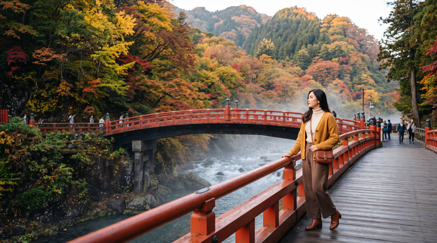 Kannaya Nareswari in a mustard cardigan stands on a wooden bridge, surrounded by vibrant autumn foliage and a misty river.
