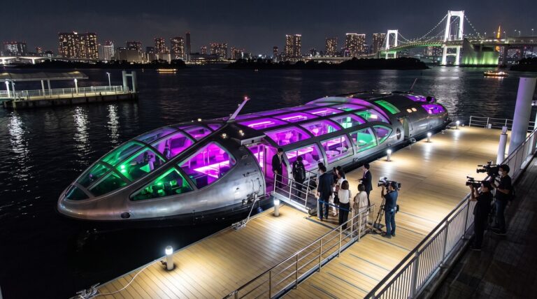 A sleek, futuristic ferry with vibrant purple and green lights docked at night, with people boarding and a film crew present.