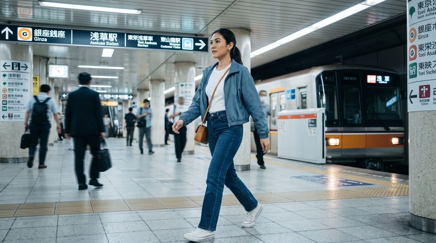 Kannaya Nareswari walks across a busy subway platform with a train arriving behind her.