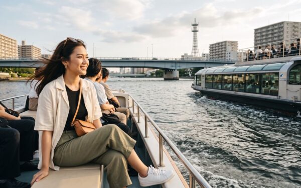 Kannaya Nareswari smiles while riding a tour boat down a river with a city skyline in the background.