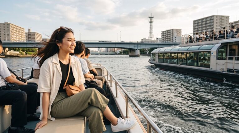 Kannaya Nareswari smiles while riding a tour boat down a river with a city skyline in the background.