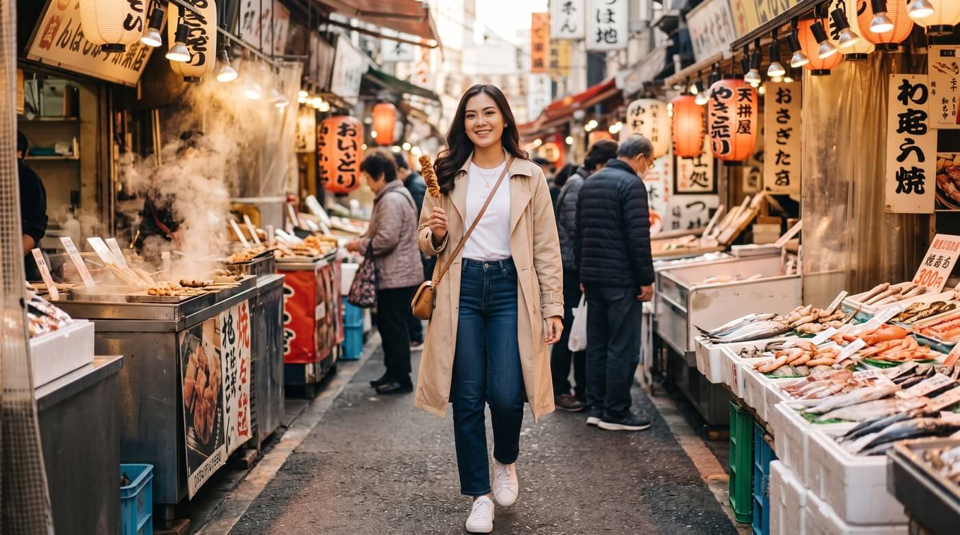 Kannaya Nareswari holding a skewer walks through a bustling Japanese street market lined with food stalls and fresh seafood.