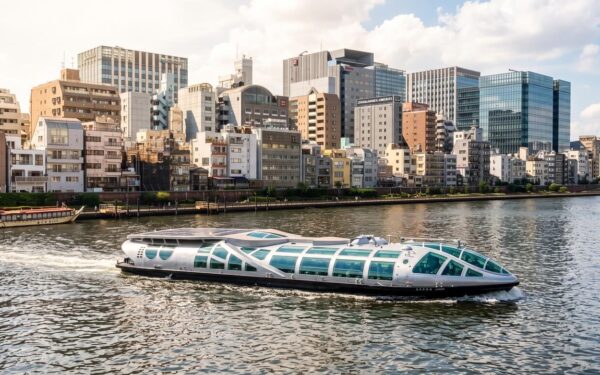 A modern glass-enclosed boat cruises on a river with a city skyline behind it.