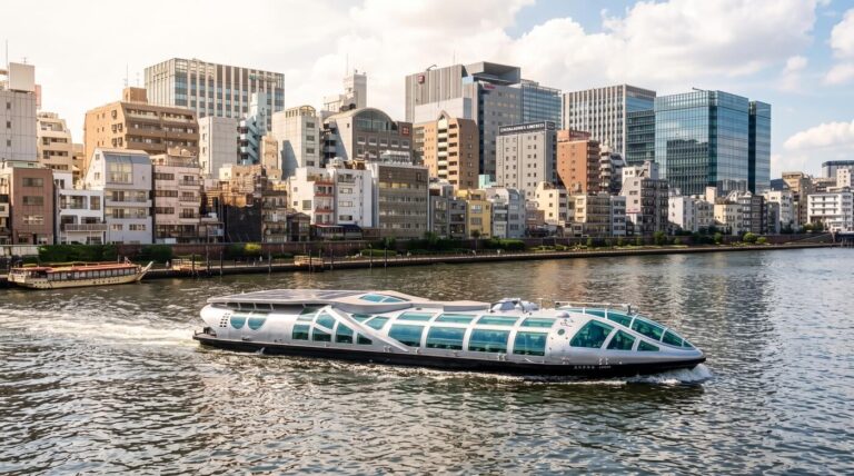 A modern glass-enclosed boat cruises on a river with a city skyline behind it.