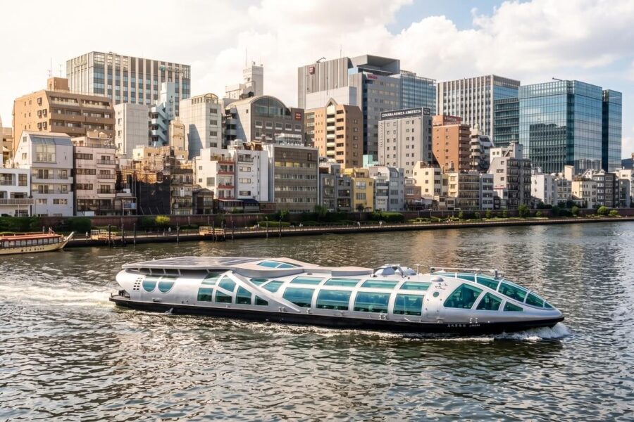 A modern glass-enclosed boat cruises on a river with a city skyline behind it.