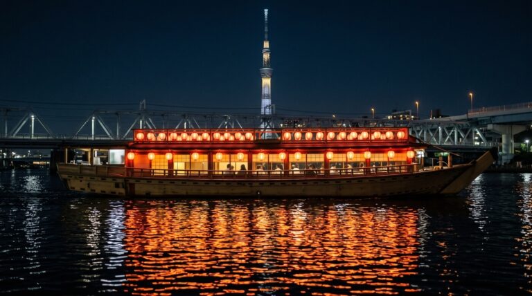 A traditional Japanese boat with red lanterns glides on the water at night, with the Tokyo Skytree visible in the background.