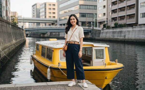 Kannaya Nareswari smiles while standing beside a yellow boat docked in a canal with buildings in the background.